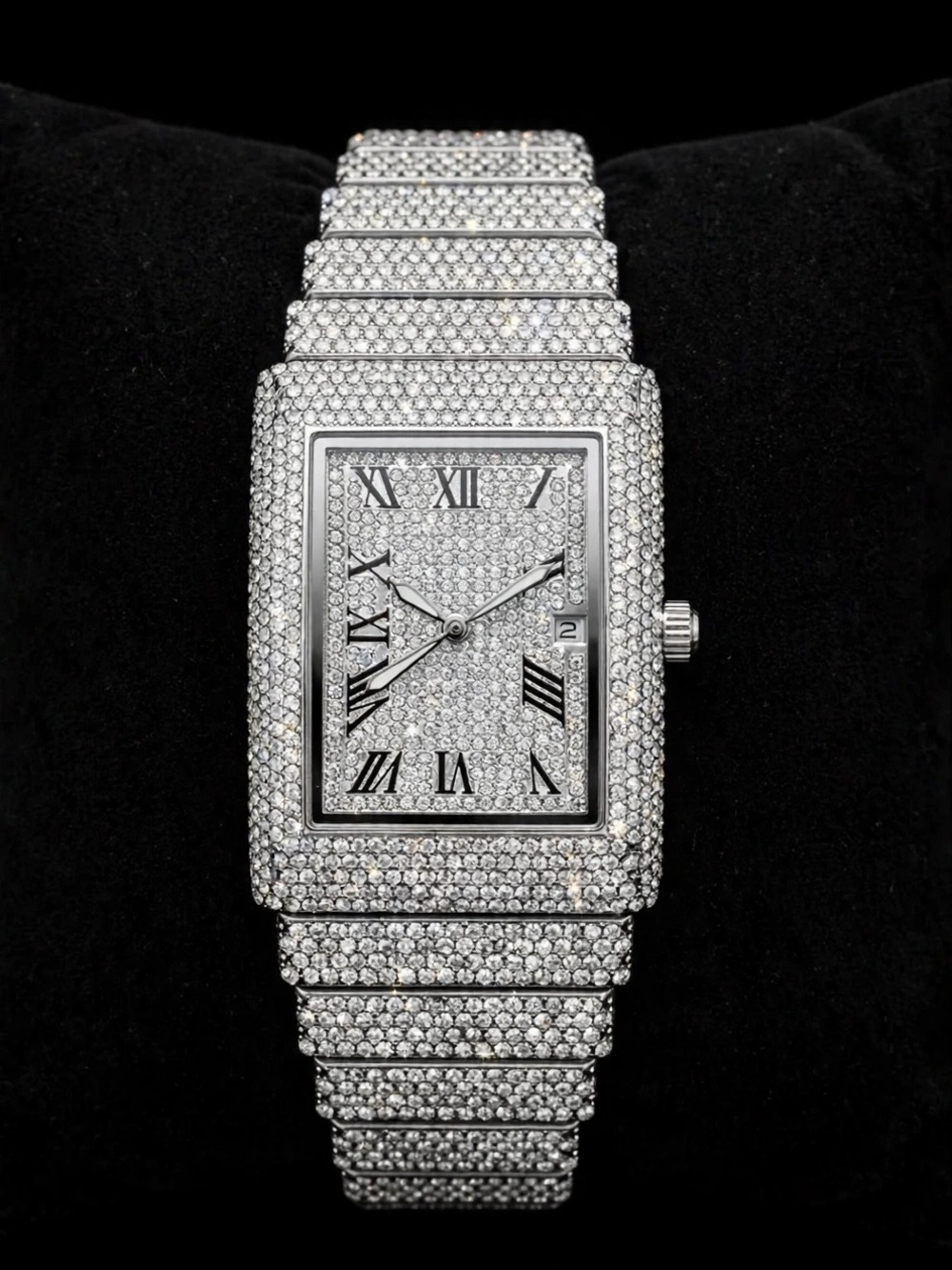 Men’s Silver Pave Crystal Rectangular Bracelet Watch